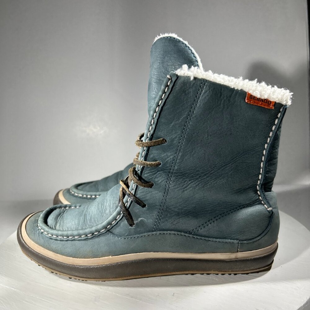 Sebago Snug Lace Womens Size 6 M Ankle Boots Leather Fur Lined Blue Eskimo Shoes